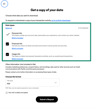 The Get a copy of your data PayPal screen, showing the types of data you can download.