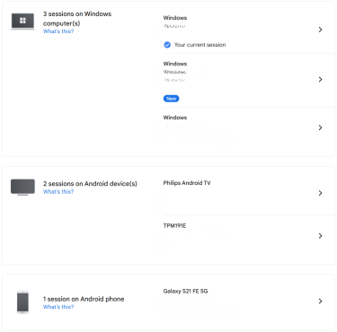 A list of devices signed into a Google account.