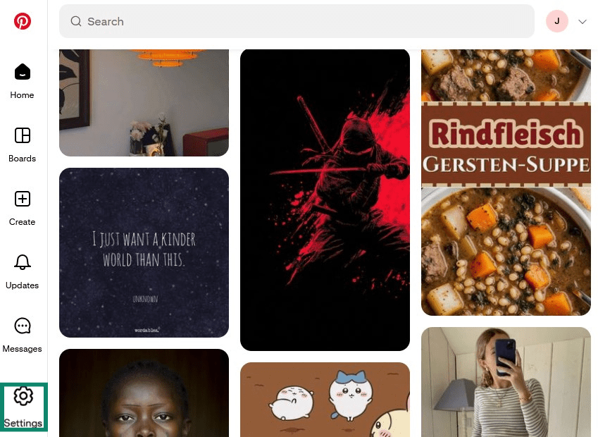 Pinterest home page with the Settings button highlighted.