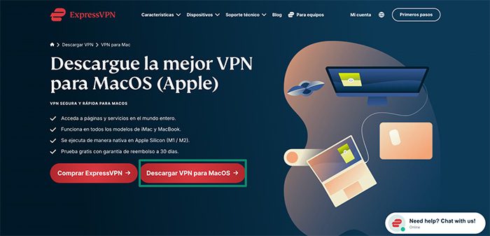ExpressVPN download page for the Mac app, with a highlighted "Download Mac VPN" button.