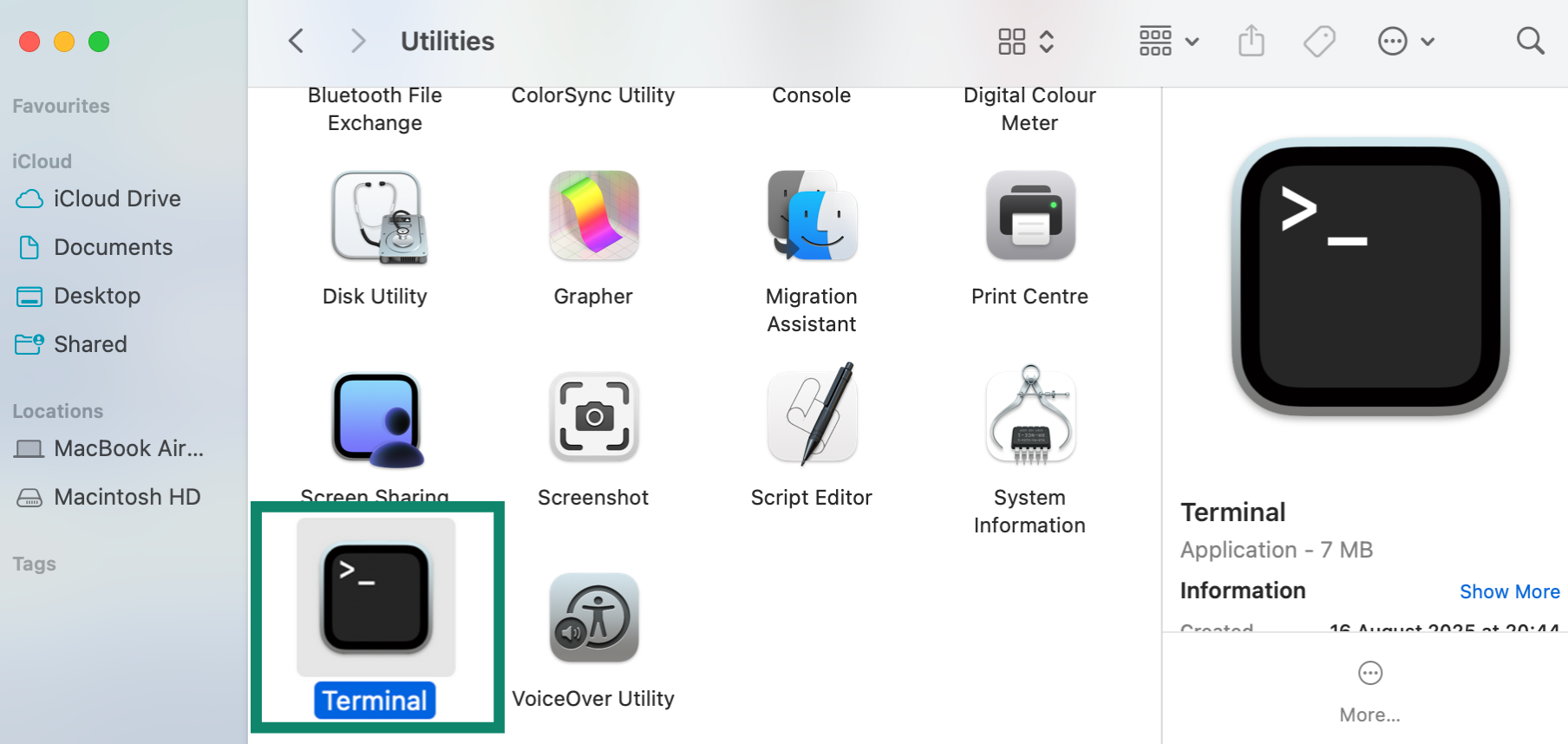 macOS user interface, showing where to find the Terminal app.