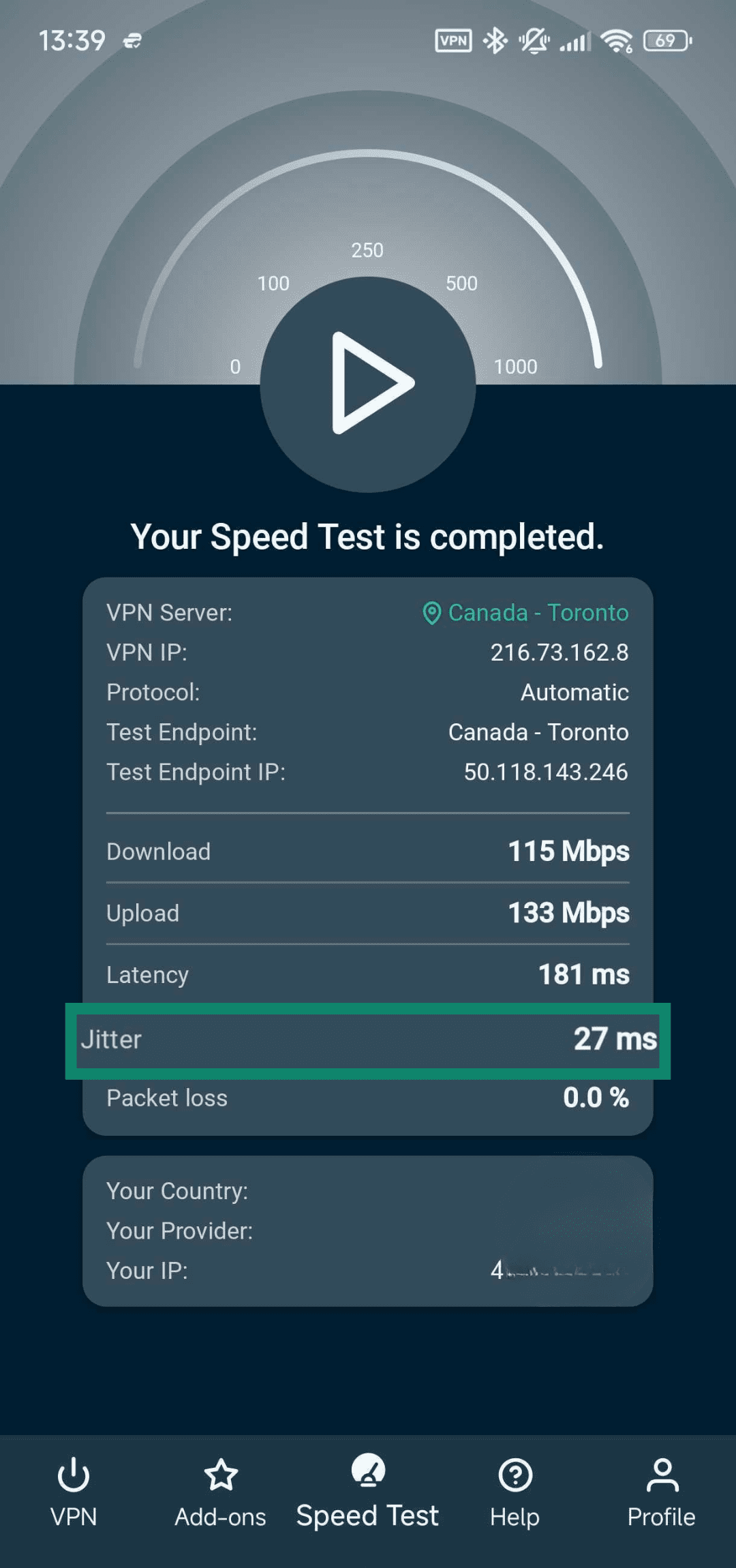 Results of a speed test done on ExpressVPN's Android app.