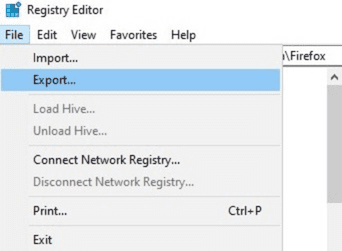 Windows Registry Editor File menu with the Export option highlighted.