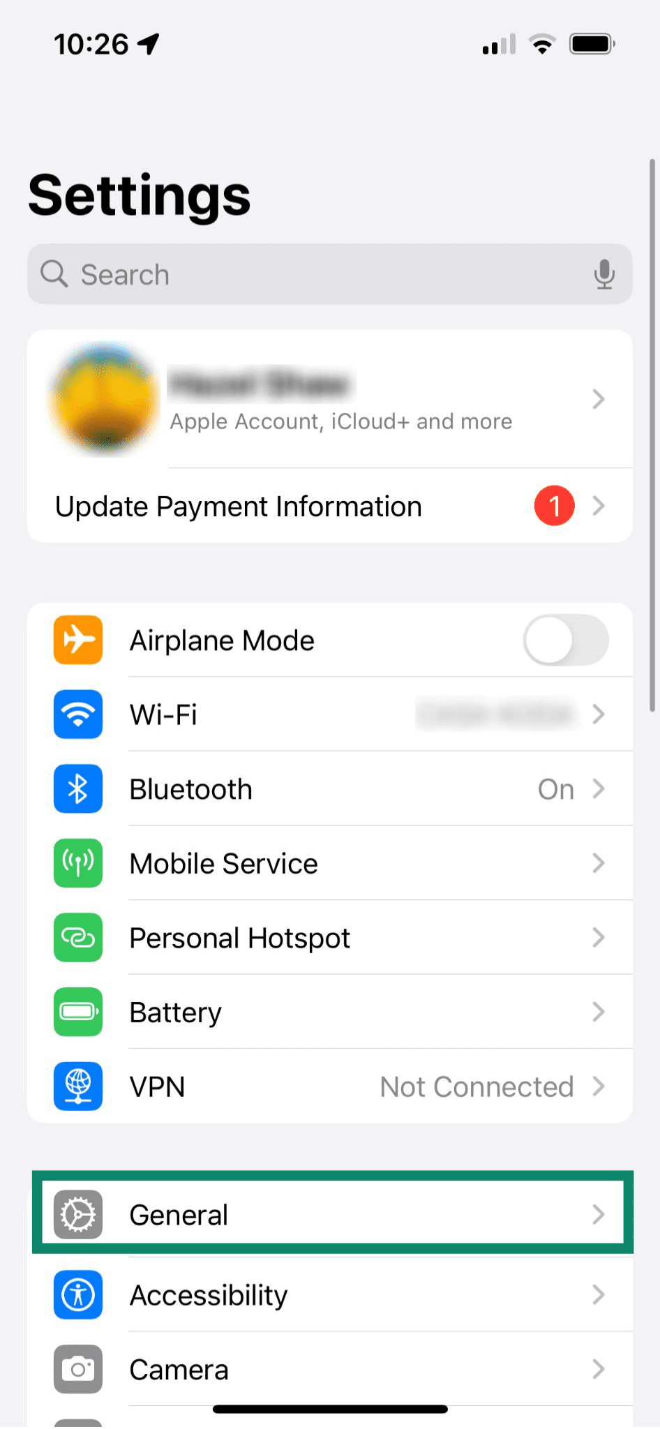 iPhone Settings menu with General highlighted