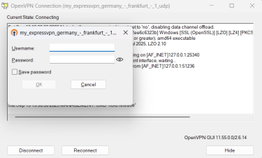 Entering manual configuration credentials to establish an OpenVPN connection.