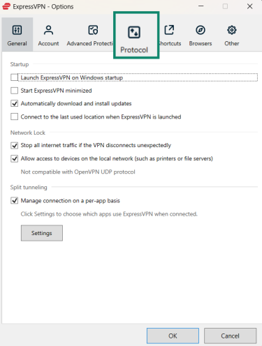 Accessing the Protocol menu in ExpressVPN's Windows app.