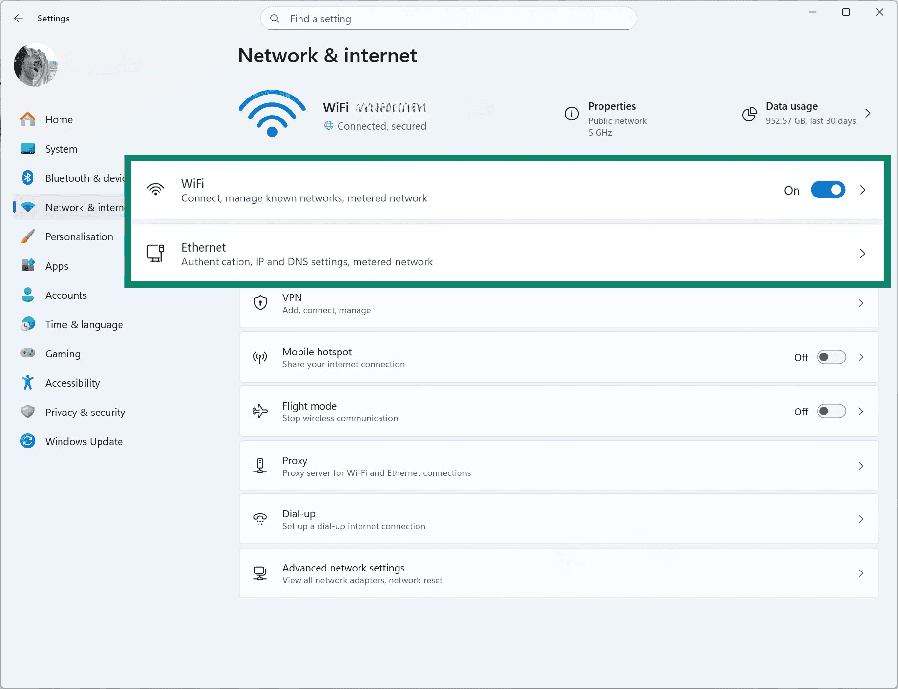 Windows 11 Network and Internet menu.