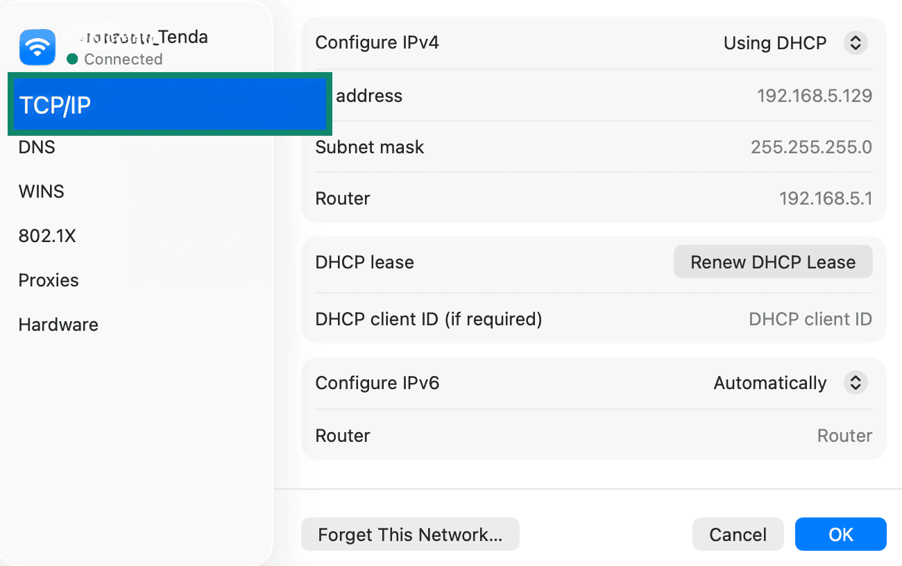macOS TCP/IP menu.
