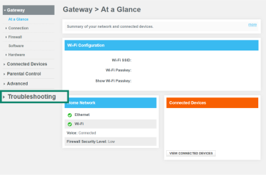 A screenshot of a router control panel dashboard, showing the Troubleshooting menu option.