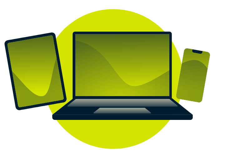 Un ordinateur portable, une tablette et un téléphone, avec un verre de vin et une rose.