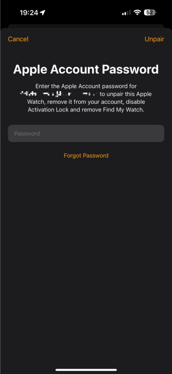 The "Apple Account Password" window on the Apple Watch app, which appears during the unpairing process.