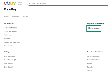 The eBay account settings area.