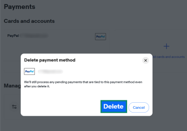 The confirmation window for deleting a PayPal payment method from an eBay account.