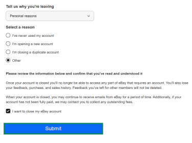 The eBay account closure webpage.