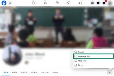 Facebook profile page with the options menu highlighted.