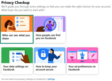 Facebook Privacy Checkup page with Who can see what you share highlighted.