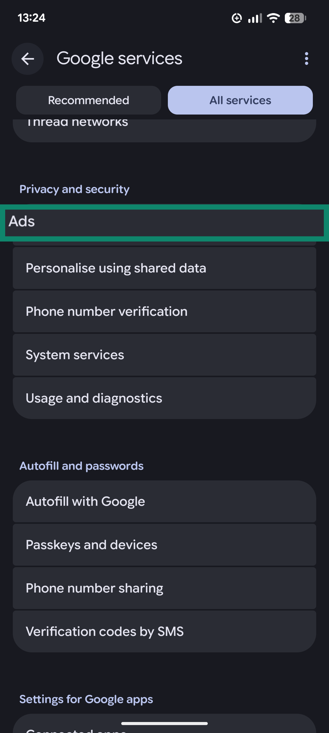 A screenshot of the Android Settings app, showing the Ads menu option.