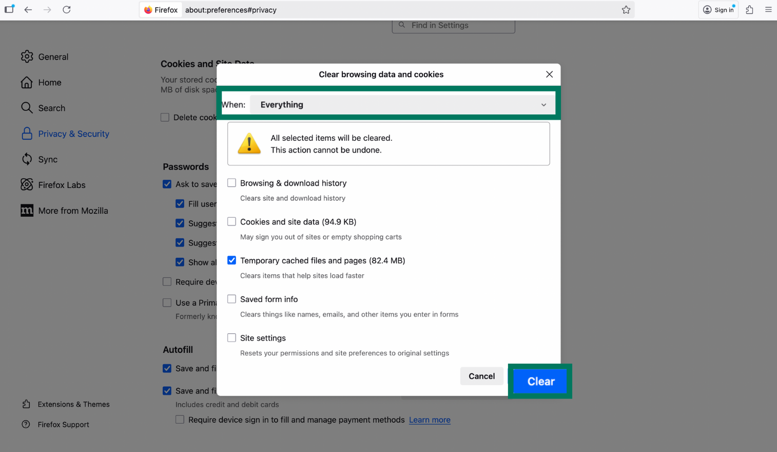 Firefox Clear browsing data and cookies window with Temporary cached files and pages selected and Clear button highlighted.