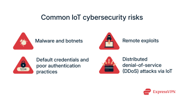 Four common IoT cybersecurity risks with icons beside each: malware and botnets, default credentials, remote exploits, and distributed denial-of-service (DDoS) attacks.