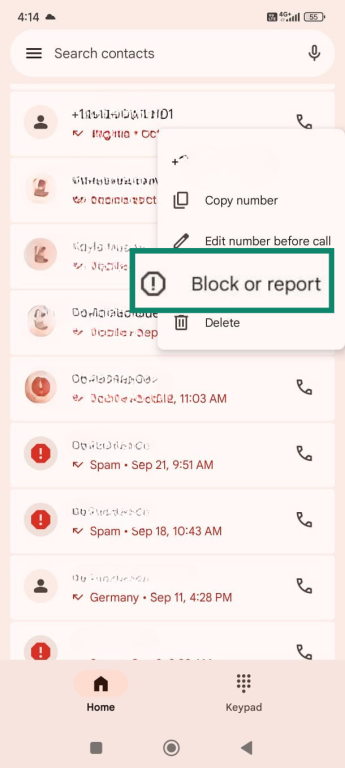 Android screen showing Block or report option in contacts.