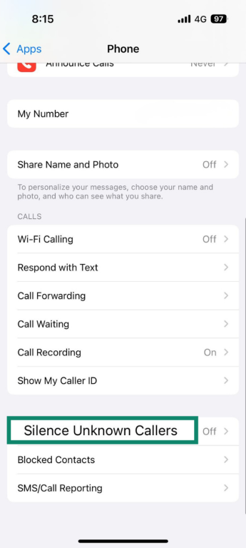 iPhone screen showing the Silence Unknown Callers option.