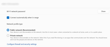 Windows network profile type settings, with the “Public network (Recommended)” option selected.