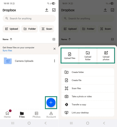 Two Android screenshots side by side. The first image the + button highlighted in the Dropbox app. The second shows the upload options on the Dropbox app.