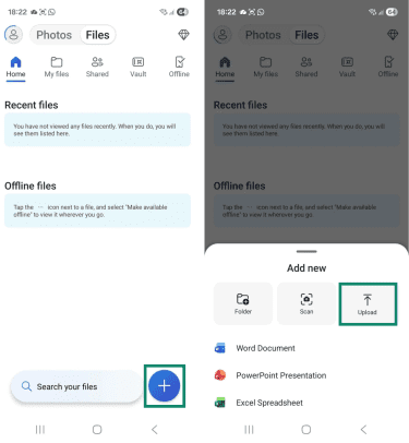 Two Android screenshots side by side. The first one the + option in the OneDrive app. The second shows the "Add new" options on the OneDrive app, and the "Upload" button is highlighted.