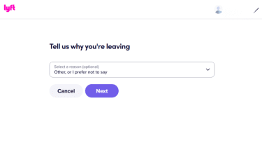 Lyft deletion process screen with selected reason for leaving.