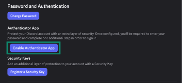 The "Enable Authenticator App" settings on Discord.