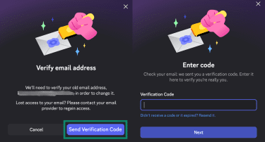Discord prompting for verification code sent over email when changing email address.