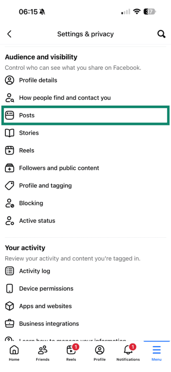 The Posts item highlighted in the Security & Privacy menu on Facebook mobile.