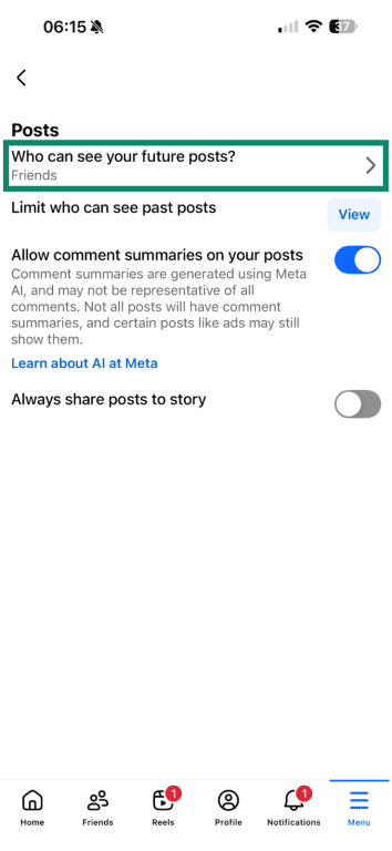 The "Who can see your future posts" menu item highlighted in Facebook's mobile settings.