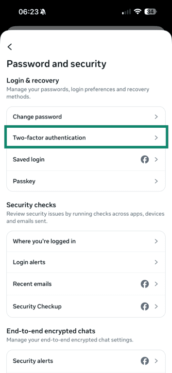 The Password and Security menu on Facebook mobile, with "Two Factor Authentication" item highlighted.
