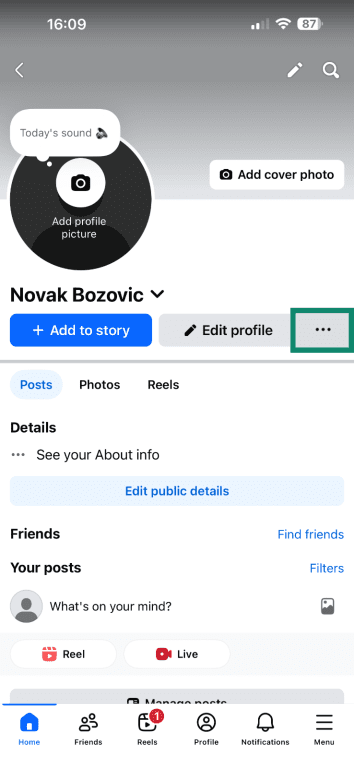 A profile page on the Facebook mobile app, with a highlight of the button with profile-specific settings.