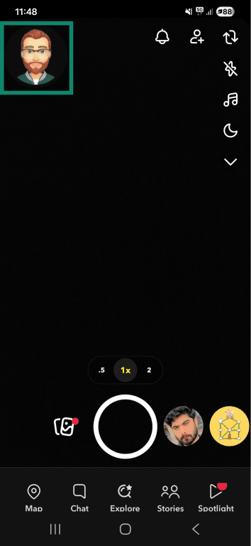 Snapchat app Stories interface on Android showing the profile icon highlighted.