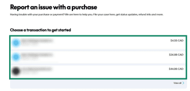 A screenshot of the PayPal Report an issue page with a list of transactions
