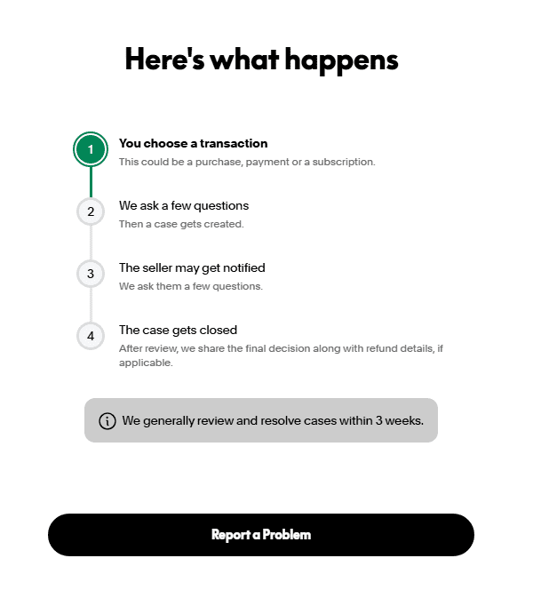 Screenshot showing PayPal's report a problem button