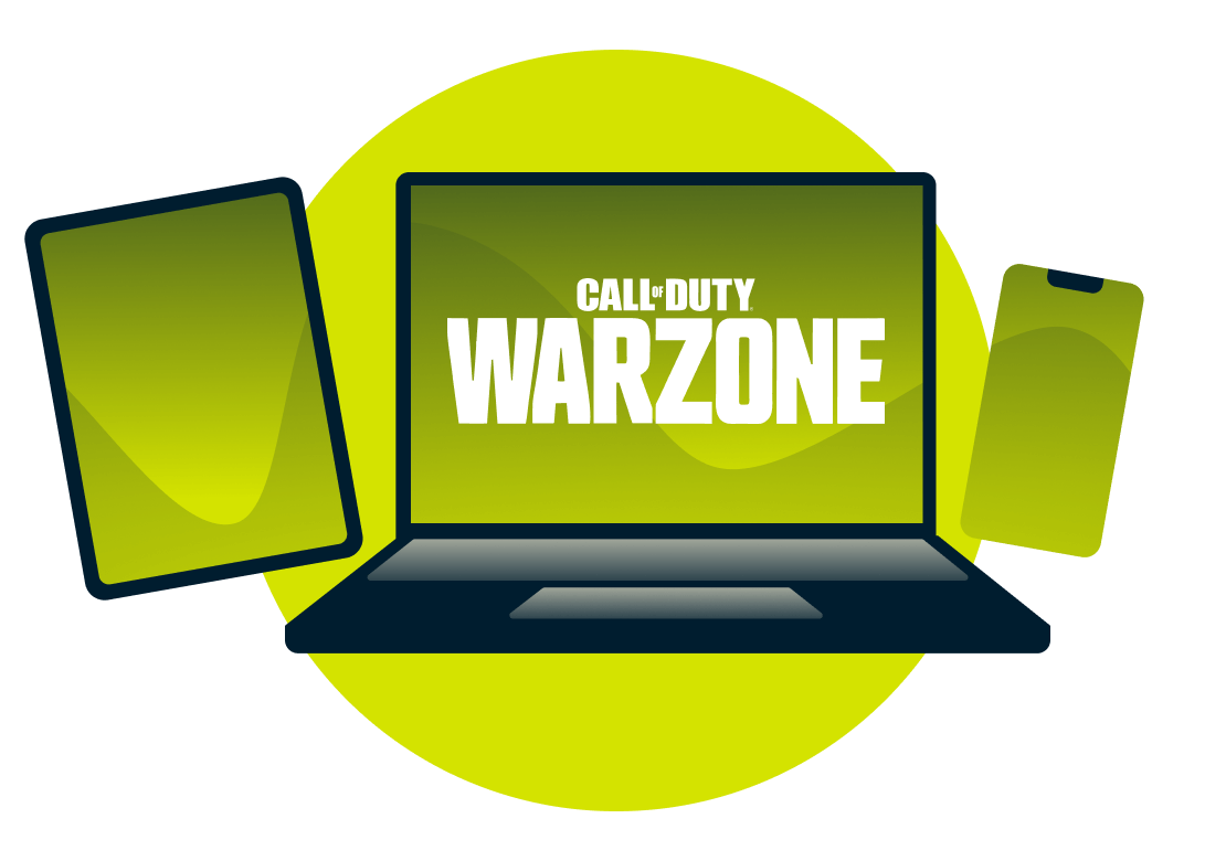 Variedade de dispositivos com o logotipo do Call of Duty: Warzone.