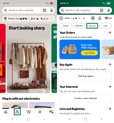The Android screenshots side by side. The first image shows the Amazon Shopping app home screen, and the profile icon at the bottom is highlighted. The second image shows the profile menu, and the "Account" option is highlighted.