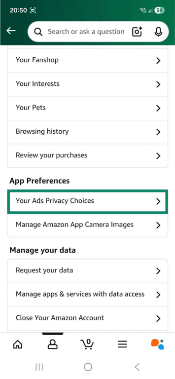 Part of the account menu on the Android Amazon Shopping app. The "Your Ads Privacy Choices" option is highlighted.