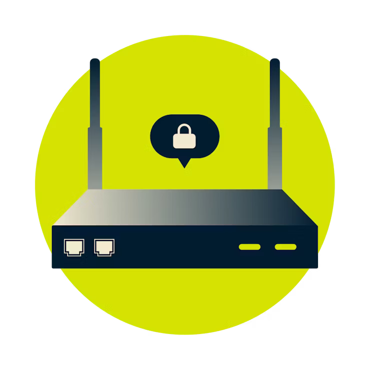 Router with a lock icon in a speech bubble on it. 