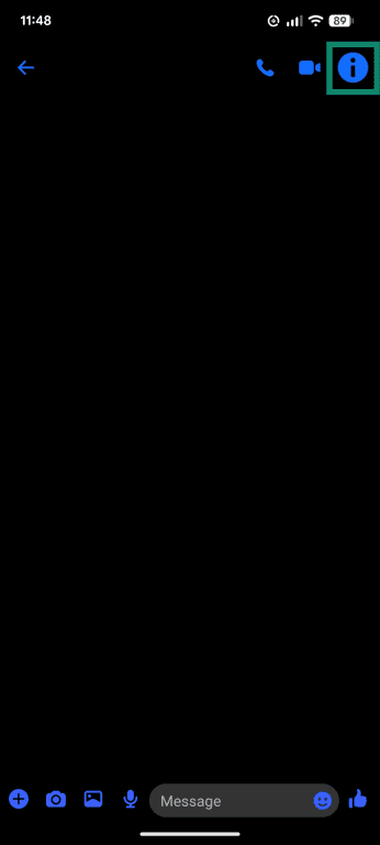 A Messenger chat window, showing the information button in the top corner.
