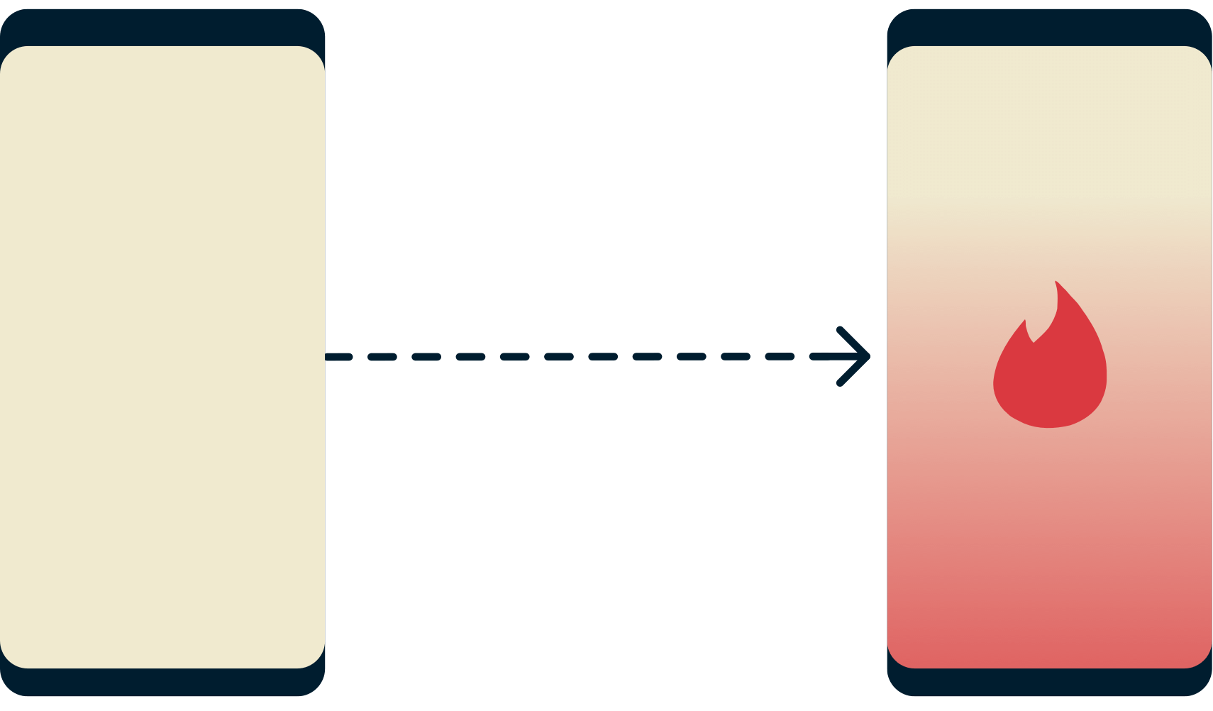 Um telefone incapaz de aceder ao Tinder e um telefone com sucesso no Tinder.