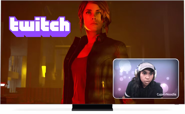 Logo Twitch, jeu et un streamer à l'écran.