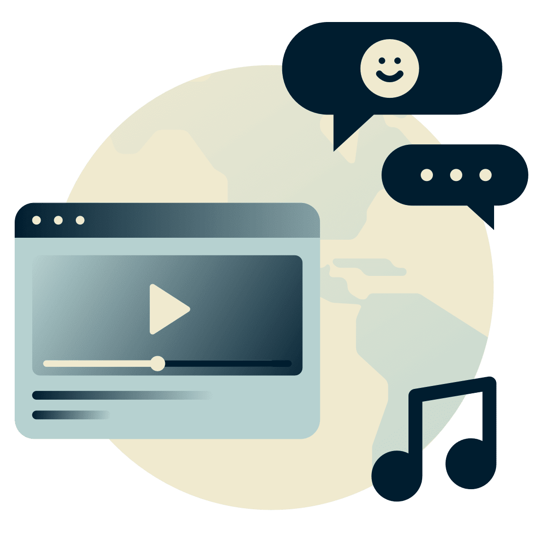 Globe avec un lecteur vidéo, de la musique et un service de messagerie.