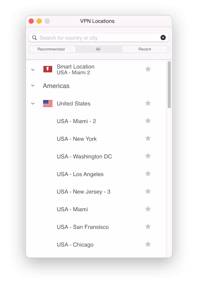 U.S. location picker in the ExpressVPN app