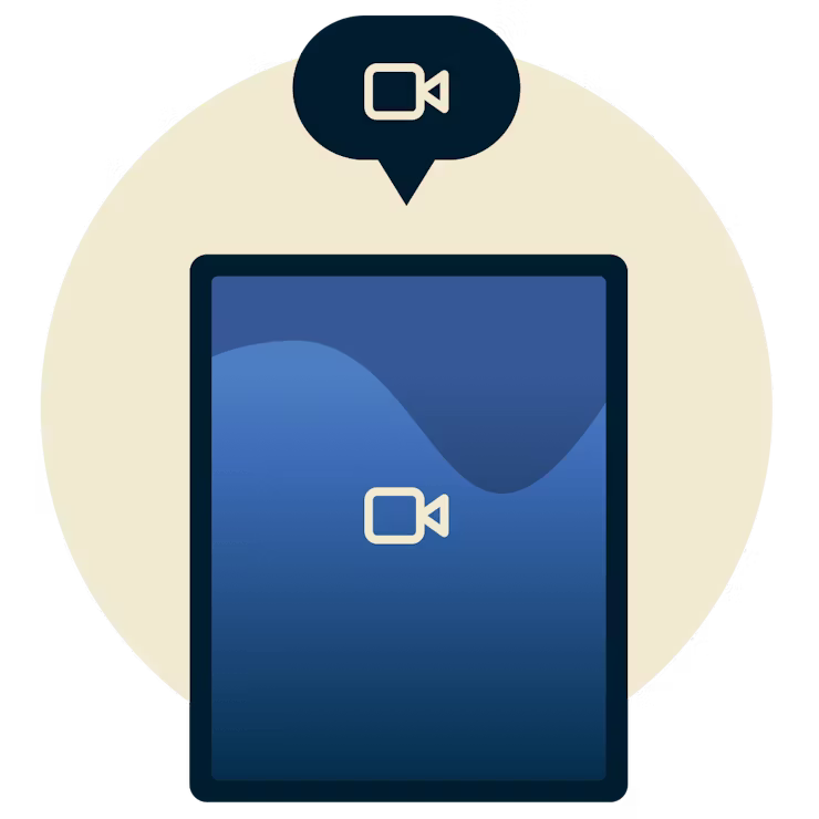 Chat vidéo sur un téléphone : Tablette montrant une icône vidéo avec une bulle de parole montrant une icône vidéo au-dessus d'elle.