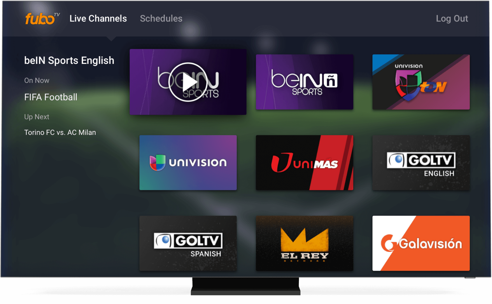 Écran d'accueil de fuboTV sur une Smart TV.
