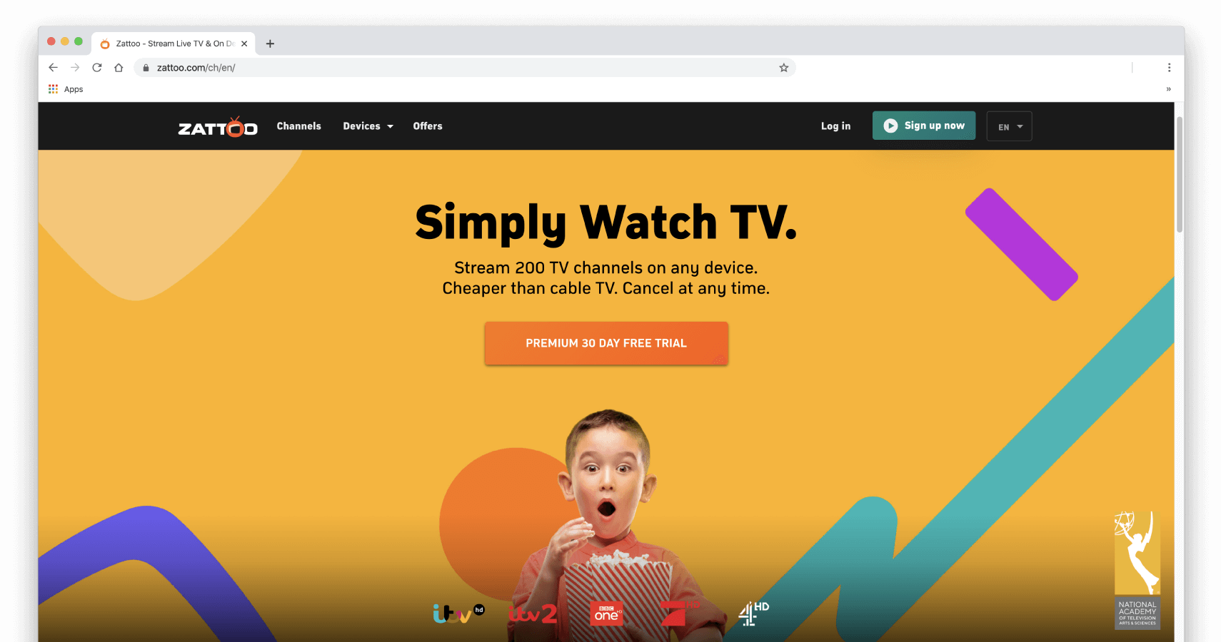 Capture d'écran de la page d'accueil Zattoo.